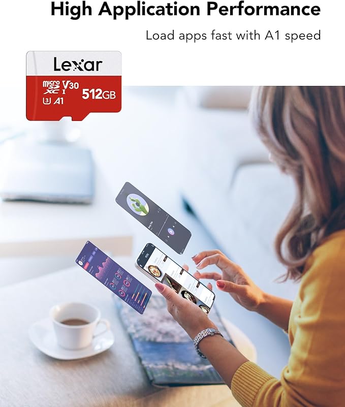 Lexar E-Series 512GB Micro SD Card, microSDXC UHS-I Flash Memory Card with Adapter, 100MB/s, C10, U3, A1, V30, Full HD, 4K UHD, High Speed TF Card