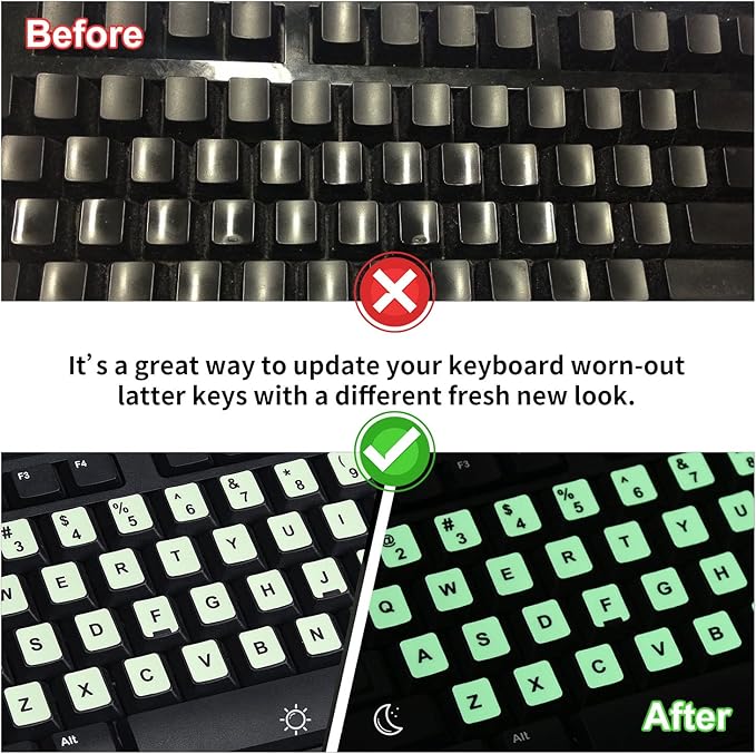 2PCS Pack Universal English Keyboard Stickers Glow in The Dark, Keyboard Letters Stickers for Computer Laptop Notebook Desktop (English-Glow)