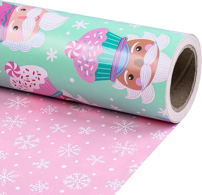 RUSPEPA Christmas Reversible Wrapping Paper Roll for Kids Girls, Mini Roll, Cute Santa Claus with Sweet Treats Design and Pink Snowflake for Holiday Gifts and Christmas Party, 17 Inches X 16.4 Feet