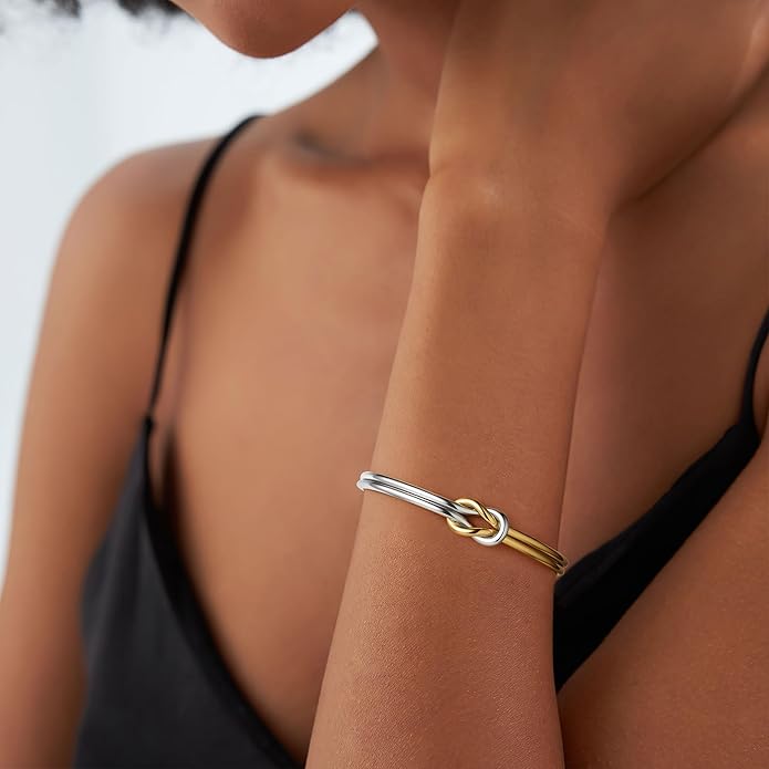 Turandoss Gold Knot Bangle Bracelets for Women - Dainty 18K Gold Plated Cuff Bangle Bracelets for Women Trendy Personalized Open Love Knot Bracelet Adjustable Cuff Bracelet Valentine Gifts for Her
