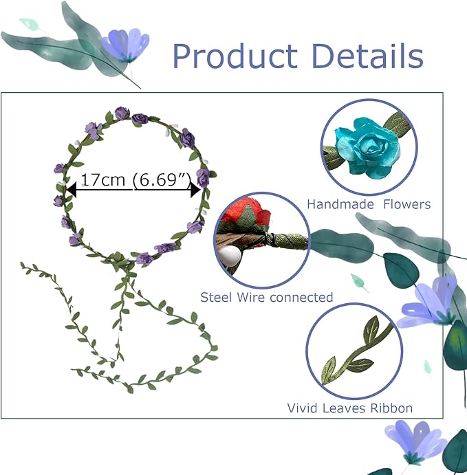 30 PCs Assorted Colored Flower Crown Wreath Headbands, Floral Garland Headband with Green Leaves for Wedding Holiday Festival Fairy Party