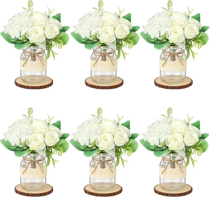 Set 6 Mason Jar Table Centerpiece - Wedding Centerpieces for Tables, Mason Jar Flower Centerpiece Vases Decor- Boho Farmhouse Rustic for Engagement, Bridal Shower, Wedding, Versatile Decor (White)
