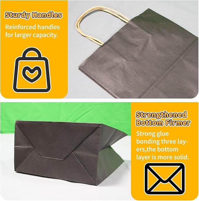 FACEBAG 100 Pack Medium 8x4.25x10.5 inch Black Gift Paper Bags with Handles Bulk, Kraft Bags, Craft Grocery Shopping Retail Party Favors Wedding Bags