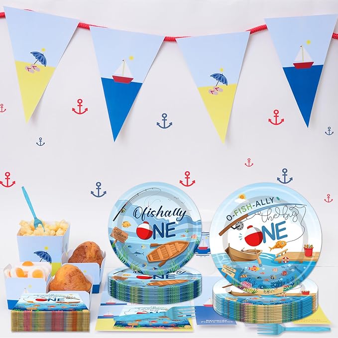 Ofishally One Birthday Party Decorations- 96PCS O Fishally One Plates and Napkins Party Supplies Fishing First Birthday Decorations 1st Fish Themed Disposable Paper Tableware Set Serves 24 Guests