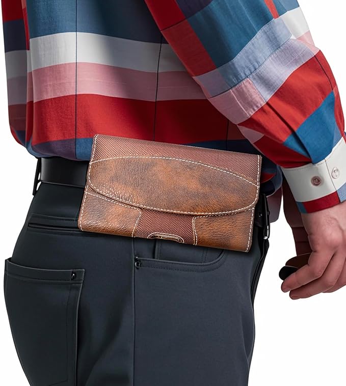 Leather Phone Holster for Men with Belt Clip, Cell Phone Holder for iPhone 17/16/15/14/13/12 Pro, Galaxy S24/S23/S21, Belt Pouch Case Magnetic Closure (Brown-L)