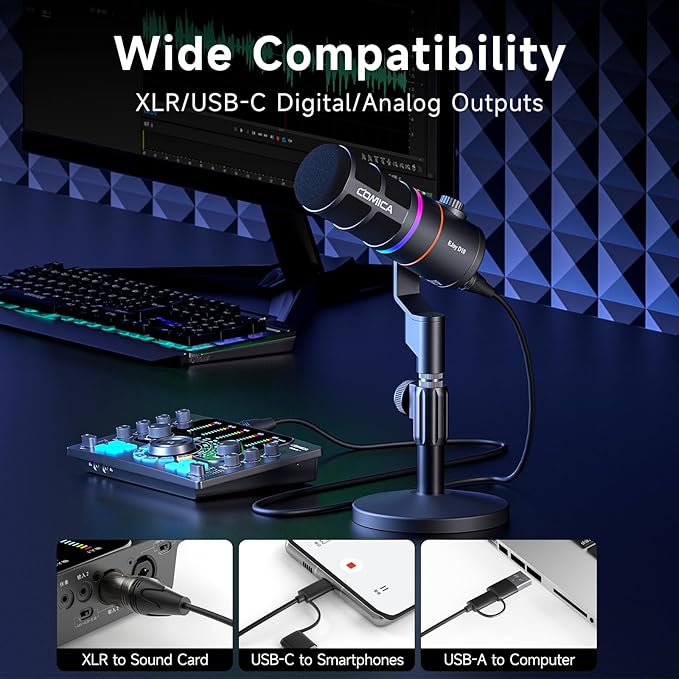 COMICA EJoy D10(D) USB Gaming Microphone – RGB Dynamic Mic with Noise Cancellation, XLR/USB-C, Real-Time Monitoring, Muting, Professional Studio Mic for Gaming, Streaming, Podcast, Recording (Black)