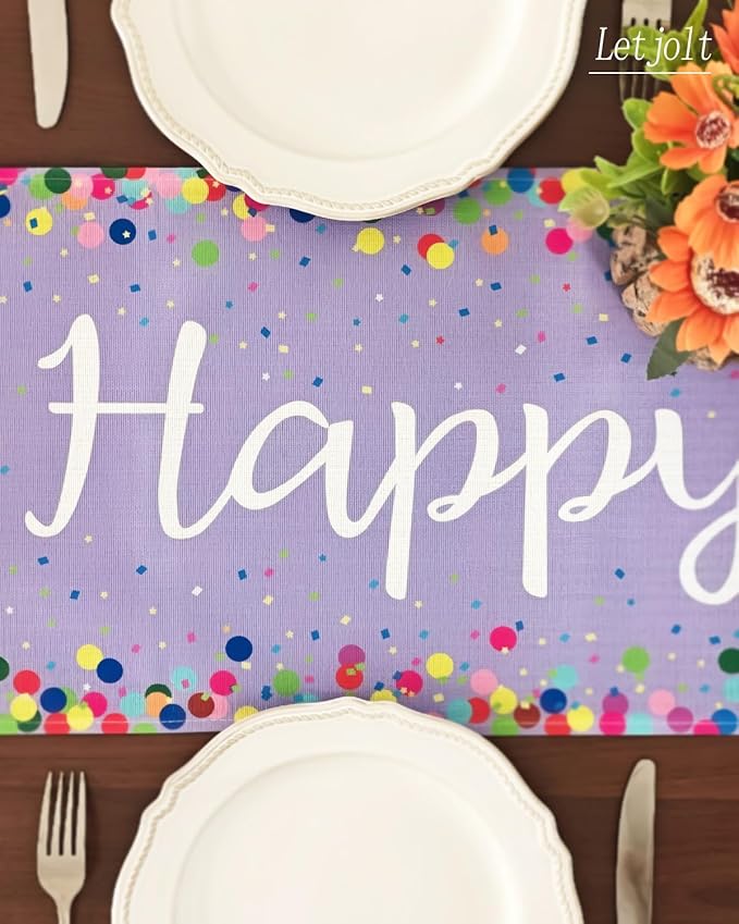 Letjolt Happy Birthday Table Runner 72 Inches Birthday Centerpieces for Tables Birth Day Party Sign Polka Dots Table Decoration, Light Purple