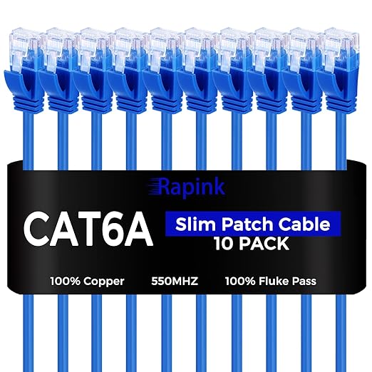 Rapink Patch Cables Cat6a 7ft (10 Pack) Slim, Cat6a Ethernet Patch Cable 10G Support, Snagless Cat 6 Patch Cable for Patch Panel to Switch, Flexiable Cat 6a Ethernet Cable with Gold Plated