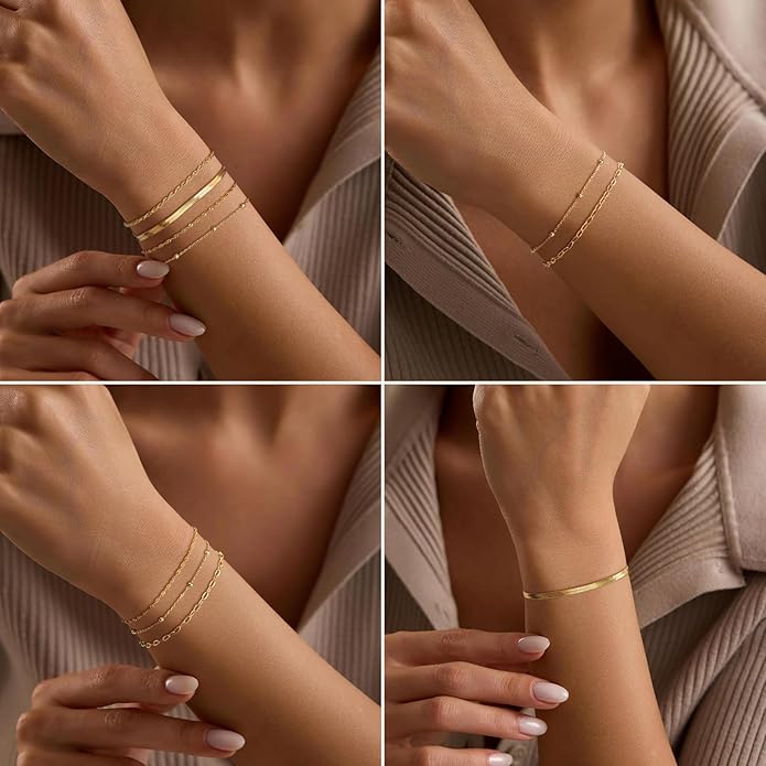 adoyi Valentines Day Gifts for Her Gold Bracelets for Women, 14K Gold Plated Stackable Bracelet Stack Set Adjustable Charm Paperclip Chain Cuban Link Layered Waterproof Jewelry Sets Gifts for Womens