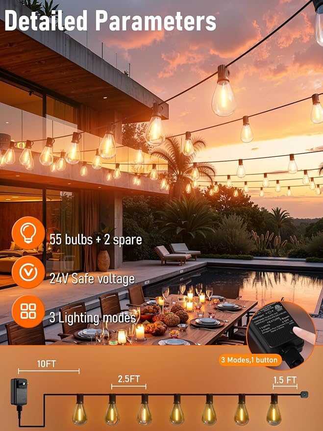 luckystyle 150FT LED Outdoor String Lights with Remote, 55+2 Shatterproof Bulbs Waterproof and Dimmable Patio Lights for Porch, Garden, Backyard, Deck, Balcony, 2200K Hanging Lighting