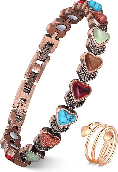 Feraco Pure Copper Bracelets & Rings for Women, Ultra Strength Magnetic Bracelet with 3800 Gauss Magnets & Natural Turquoise & Stones, Adjustable, Jewelry Gift