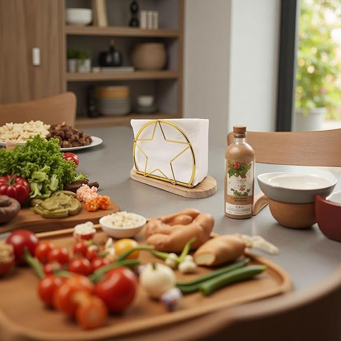 AIM & GGKK Gold Napkin Holder for Table with Wooden Base - Geometric Metal Wire Paper Napkin Holder, Modern Restaurant & Home Dining Accessories (6.14" L x 3.94" H)