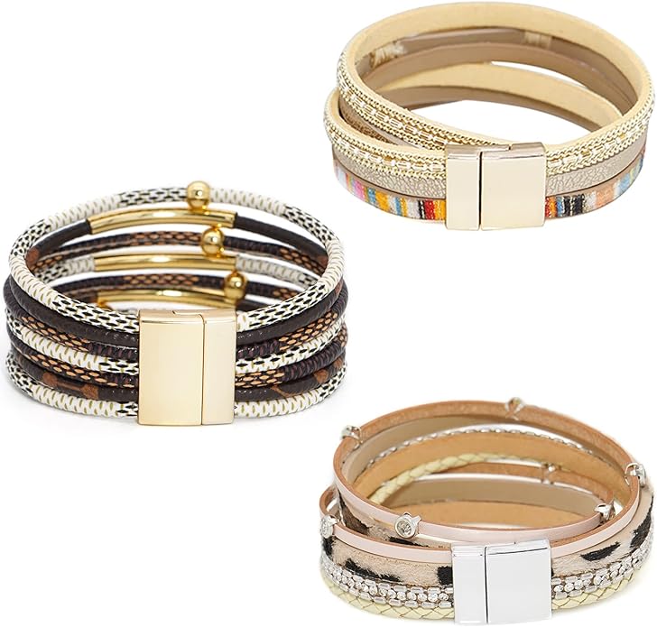 Wowanoo 3Pack Leather Cuff Bracelet Set Multilayer Wrap Bracelet Crystal Feather Tree Bracelet Magnetic Clasp Bracelet for Women
