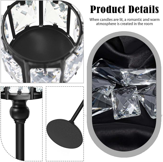 Crystal Tealight Candle Holders Set of 6 (9''/11''/13'') - Elegant Metal & Glass Centerpieces for Stunning Home Decor（ Balck