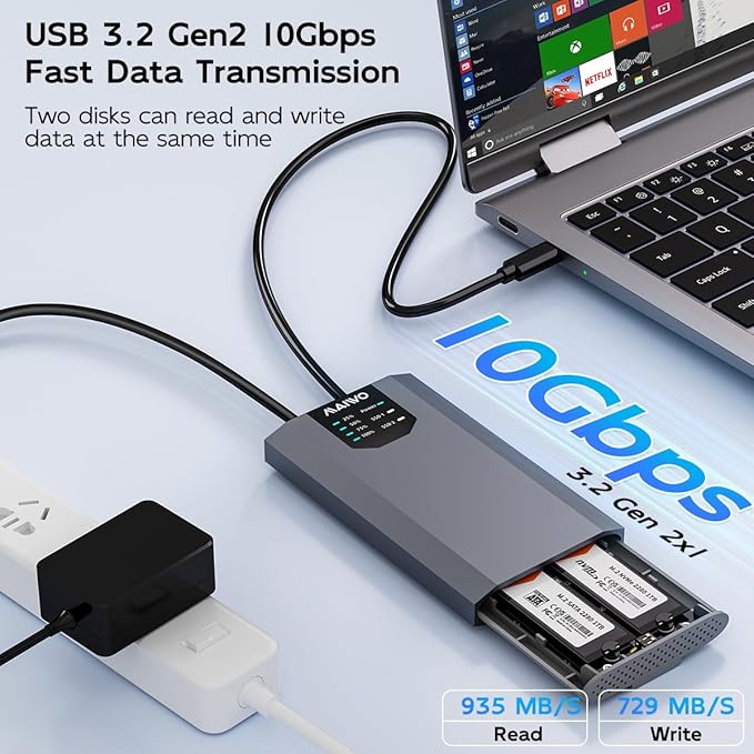 MAIWO Dual-Bay M.2 SSD Enclosure Cloner for NVMe & SATA, USB3.2 GEN2X2 10Gbps M.2 Offline Duplicator Supports SATA to NVMe and NVMe to SATA, Dual M.2 Enclosure for SSDs Sizes 2230/2242/2260/2280