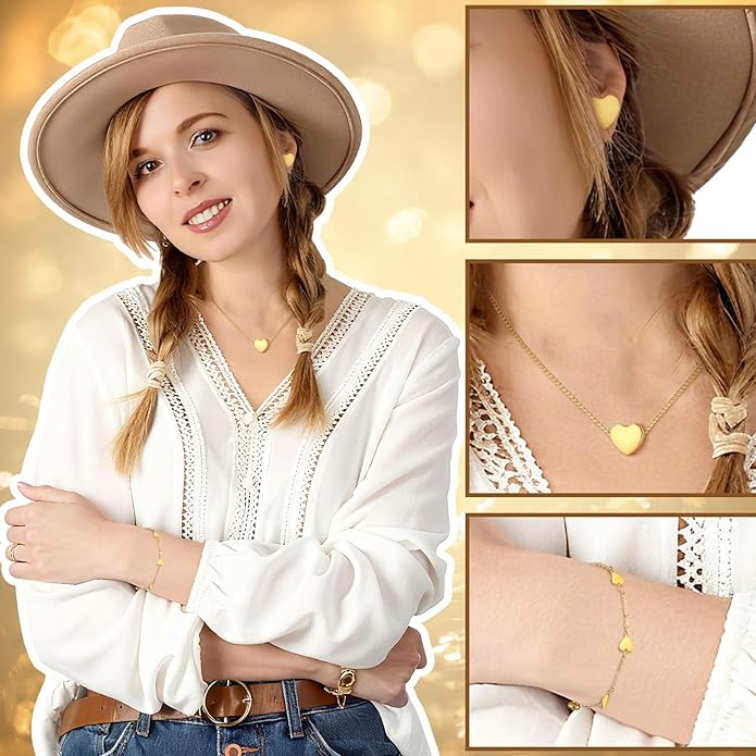 Bucherry 3 Pcs Heart Jewelry Set Bow Snowflake Jewelry Heart Pendant Chain Toggle Necklace with Bracelet Earrings Snowflake Stainless Steel Link Chain for Women Gift