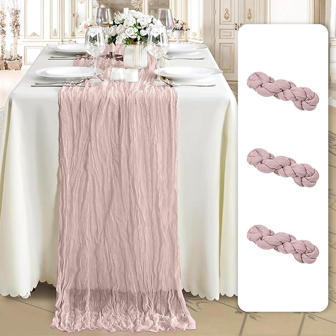 Cheesecloth Table Runner 3 Pack – 35x120 Inch (10ft) Boho Rustic Gauze Cloth Runners – Crinkle Polyester Table Decor for Wedding, Baby Shower, Bridal Shower, Birthday Party and More (Dusty Pink)