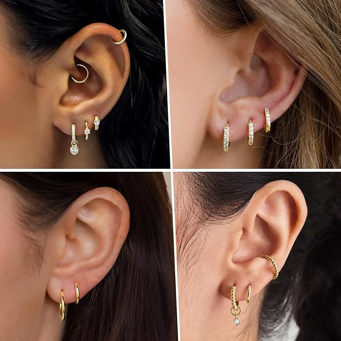Small Gold Huggie Hoop Earrings Set for Women Men Hypoallergenic 14K Plated Stack Cartilage Earrings, Multiple Piercing Lightweight Mini Thin Cute Dainty Trendy Jewelry Set Christmas Gifts for Women