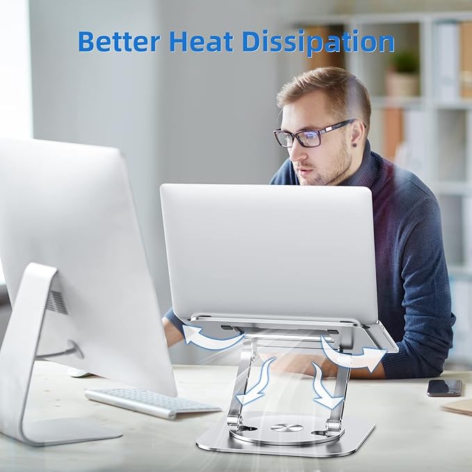 Adjustable Laptop Stand for Desk, Ergonomic Riser with 360° Rotating Base, Foldable Notebook Computer Holder Compatible MacBook Air Pro, Dell XPS, More 10-17" Laptops, Silver
