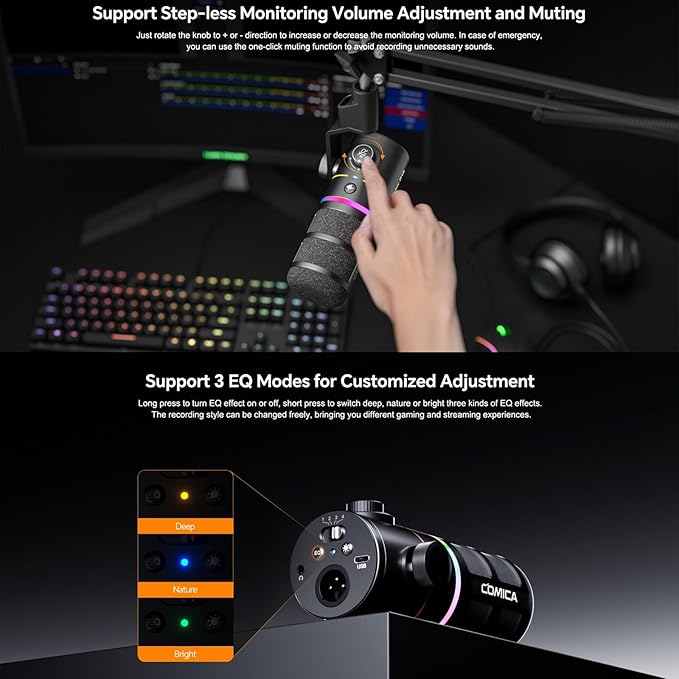 COMICA EJoy D10 A USB/XLR Dynamic Microphone with RGB Light &CalMix Denoise &Mute Button- Studio-Quality Cardioid Mic with Boom Arm Stand for Gaming, Streaming, Podcast,YouTube(PC/PS5/Xbox/Mac-Black