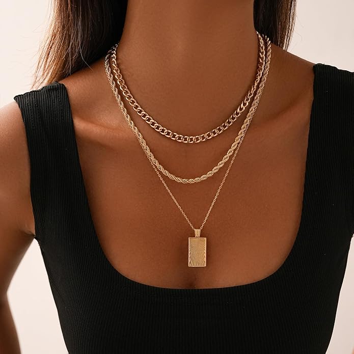 Women's Multi-Layered Gold Necklace, Stackable Delicate 14K Gold Plated Fashion Round Multi Layers Pendant Necklace, Gold Jewelry Set Gifts