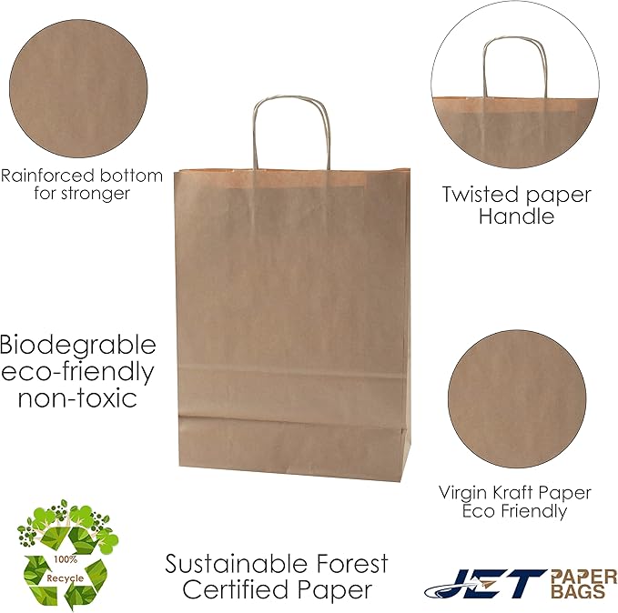 JET PAPER BAGS - 10”x5”x13” Inch [250 Pcs] Brown Paper Bags with Handles Prime for Takeout, Grocery, Goody, Retail, Party, Gifts, Weddings - Recyclable Kraft Paper Gift Bags with Handles