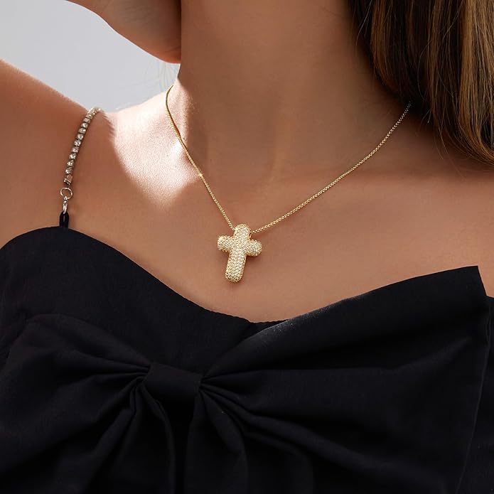 OGD Bubble Cross Necklace for Women 14k Gold Plated Cross Necklace Stackable Dainty Gold Necklace Mariner Chain Necklace CZ Cross Pendant Necklaces Set Simple Jewelry Gift