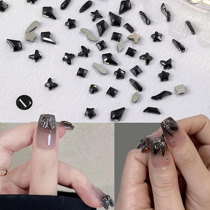 250Pcs Mini Black Flash Nail Art Charms Mixed Shapes Nail Rhinestones Star Heart Irregular Shape Nail Supplies Gems Dark Crystals Nail Jewelry Flat Nail Decorations Design Acrylic Nails for Women