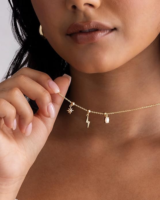 PAVOI 14K Gold Plated Dainty Necklace with Charms Set - Hypoallergenic Adjustable Chain Gold Charm Necklace for Women - Small Motif & Mantra 2 and 3-Pack Removable Pendants - Cute Jewelry Gifts