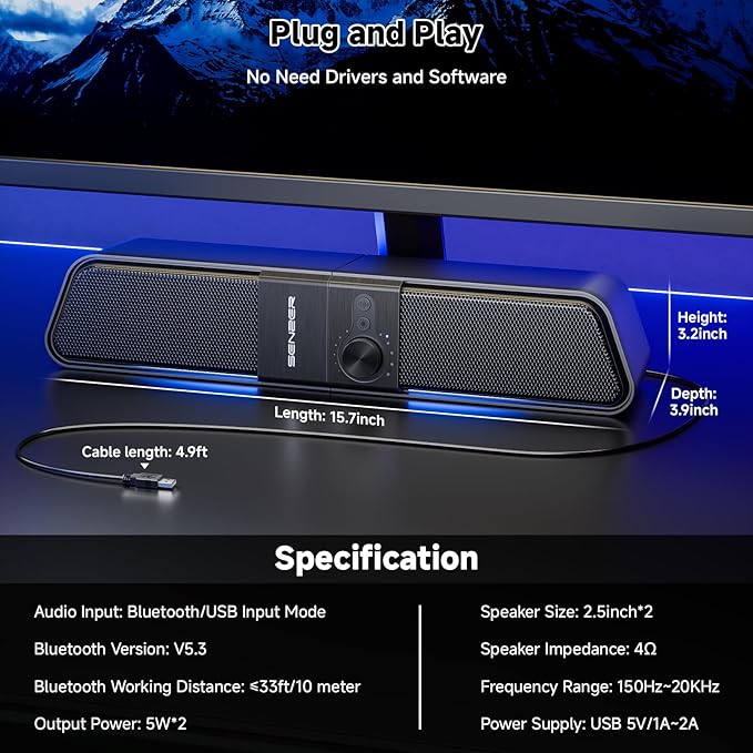 SENZER CS20 2 in 1 Bluetooth Computer Speakers for Desktop, USB Plug & Play Clear Sound PC Speakers with RGB Light, Monitor Sound Bar with Volume Knob, Gaming Speaker for PC Laptop Phone Tablet