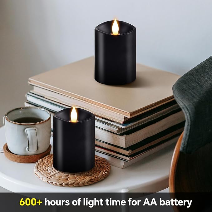 3x4 Flickering Flameless Candles Set of 2,Real Wax Pillar led Candles Flickering,with Timer,4 inch Flameless Candles with Remote,Battery Operated Candles,for Party Holiday Home Decor,Black