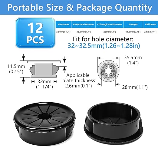12 Pcs Cable Grommet, Snap Bushing 1-1/4" (32 mm) Mounting Diameter, Flexible Petal-Shaped Buckle Round Nylon Desk Grommet for Wires Through Countertop Cord Organizer and Protection, Black