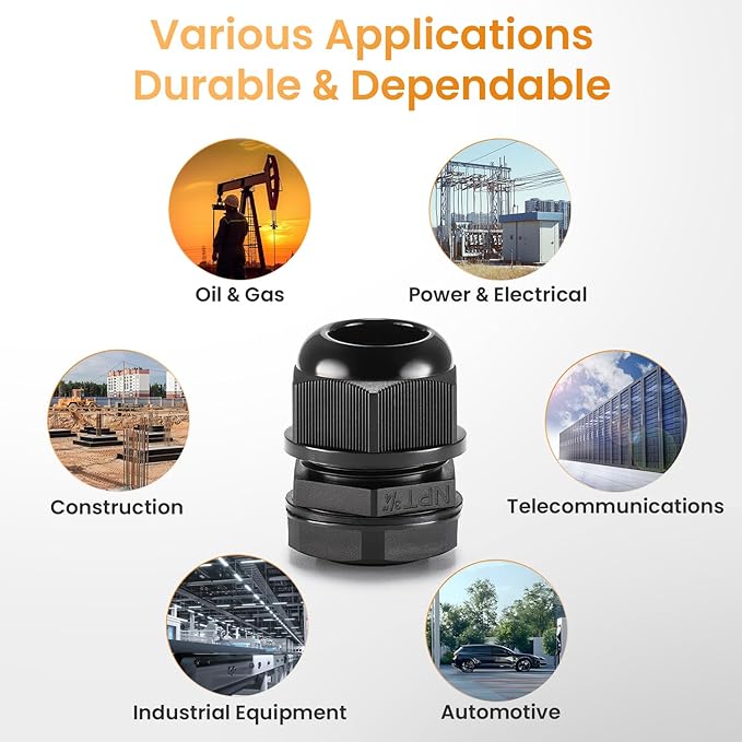 QILIPSU 50pcs 3/4" NPT Cable Gland Waterproof IP68 Nylon Cable Pass Through Cord Grip Connector Strain Relief Wire Grommet