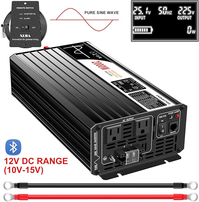 Xijia 2000W Pure sine Wave Power Inverter (Peak Power 4000W) dc 12v to 110v/120V ac 60HZ LCD-Display Bluetooth Remote Control,2 AC Outlets for RV, Camping, Boat,Outdoor