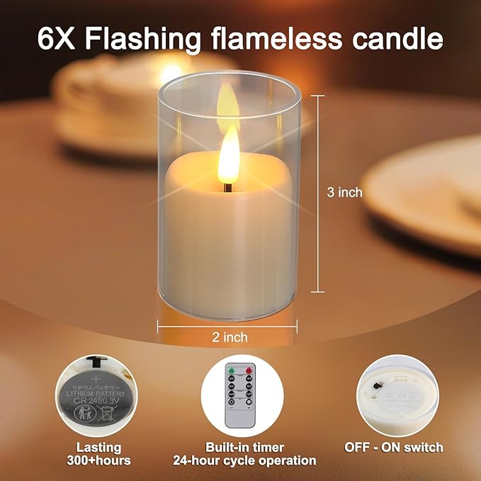 Flickering Flameless Candles, Realistic Glass LED Candles, 2"X3" Battery Operated Candles with Remote, Real Votive Electric Fake Pillar Candles for Festival Wedding Home Party Decor 6-Pack