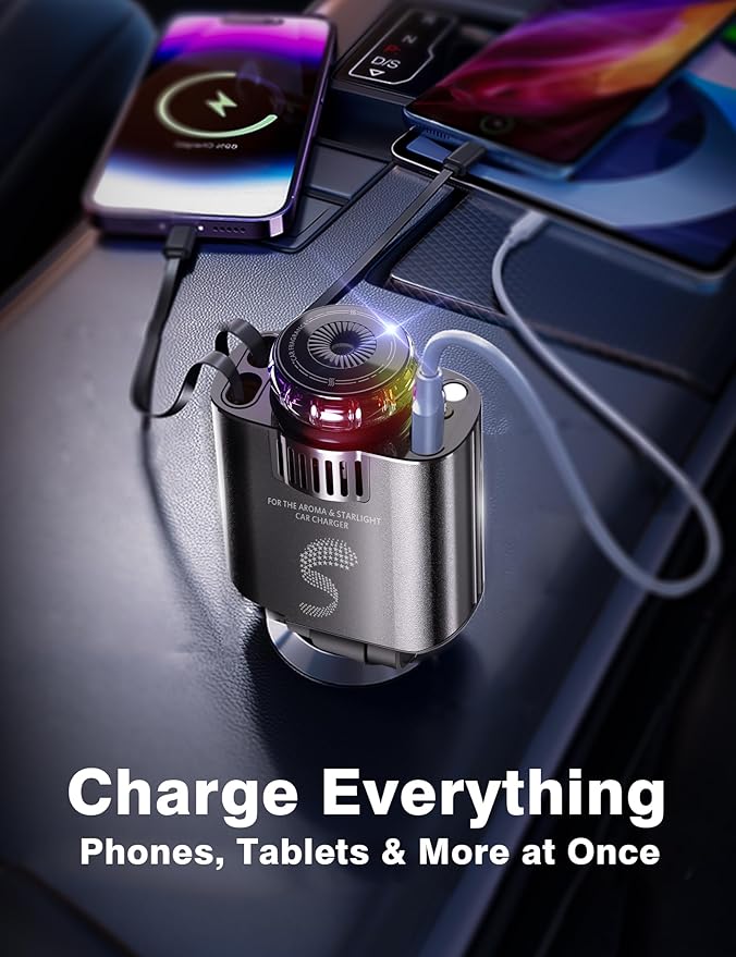 Retractable Car Charger USB C Fast Charging 120W, Car Accessories Cigarette Lighter Adapter with Aromatherapy Starlight, Car Charger iPhone16 15 14 13 12 11 Essentials Gift for Travelers, Men, Women