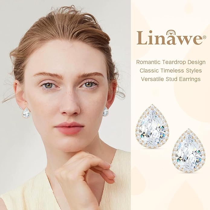 Linawe Women Stud Earrings, Teardrop Diamond Moissanite Cubic Zirconia Earrings Studs Rhinestone Jewelry Gold/Silver/Rose Gold