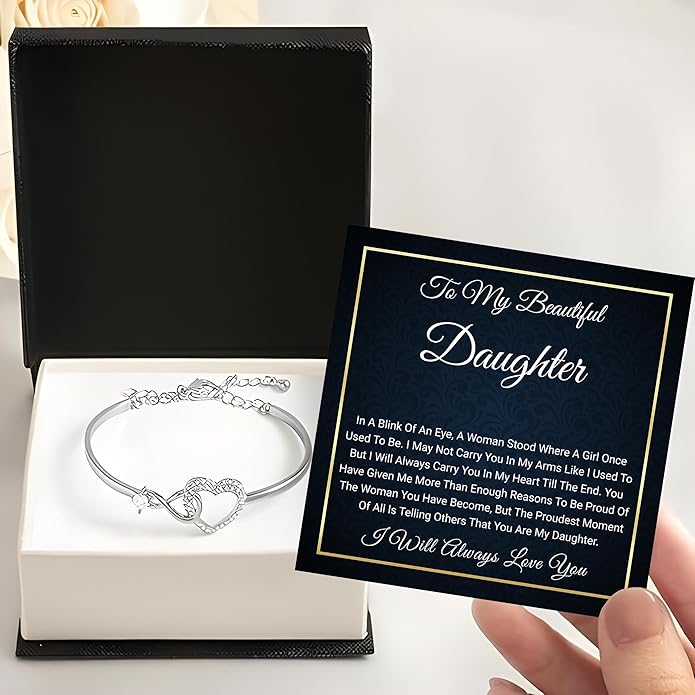 Daughter Infinity Heart Bracelet, Daughter Jewelry Gift From Mom or Dad with Message Card and Box Meaning