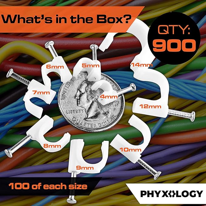 Pro-Grade, Cable Clips with Steel Nails 4mm - 14mm Wire Holders and Tacks in 9 sizes, 100 Per Size. Durable, UV Resistant Plastic Clips Help Organize Coax, Ethernet, Cat5, Cat6 and Other Cords.