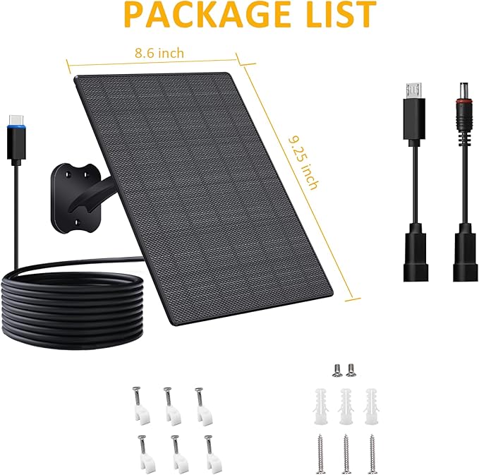 Zivif 10W Solar Panel for Security Cameras, 5V Solar Charger with USB-C/Micro USB/DC 5.5x2.1mm Ports, IP66 Waterproof, Adjustable Mount & 7.2FT Cable