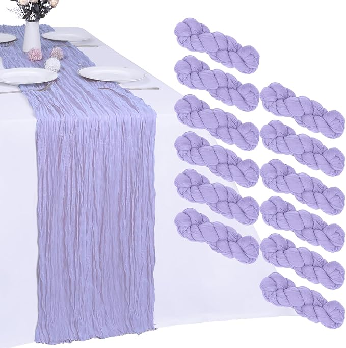 12 Pack Lavender Purple Cheesecloth Table Runner 10FT Boho Gauze Fabric Purple Table Runner 35 x 120 Inch Rustic Sheer for Home Wedding Decor Baby Shower Party Decoration