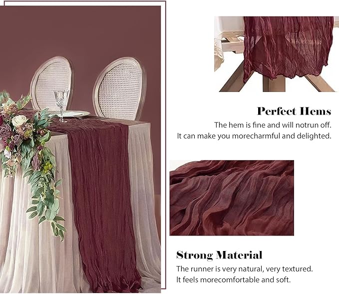 2 Pack 10 Ft Cheesecloth Table Runner Burgundy Gauze Long Table Runners Boho Gauze Cheese Cloth Table Runner Rustic Sheer Runner for Wedding Party Table Decor ( 35 x 120 Inch )