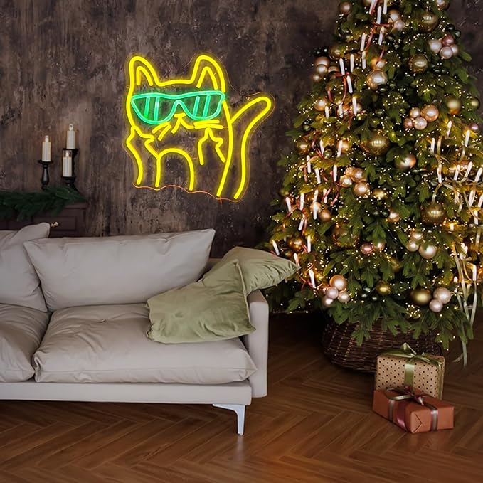 Cat Sunglasses Neon Sign - Cartoon Cat LED Wall Light/USB Powered, Hanging Kit Included/Edgy Decor for Teen Bedrooms, Urban Cafes & Fashion Stores