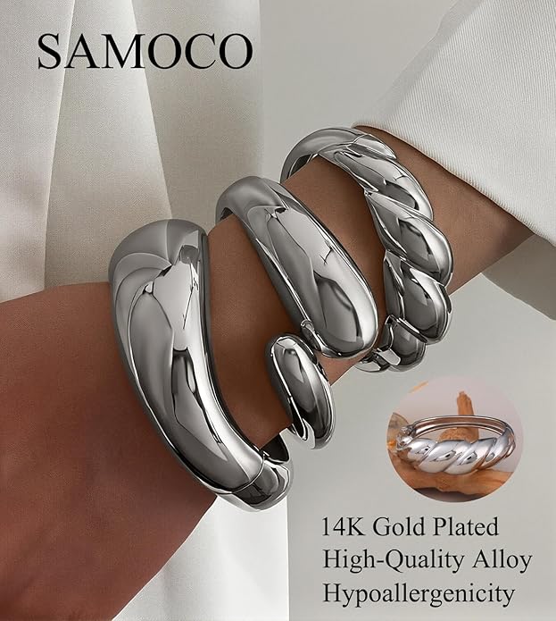 SAMOCO 3Pcs Chunky Gold Bangle Bracelets for Women Trendy Wide Wrist Cuff Bracelets Stack Statement Bangle Fashion Gifts