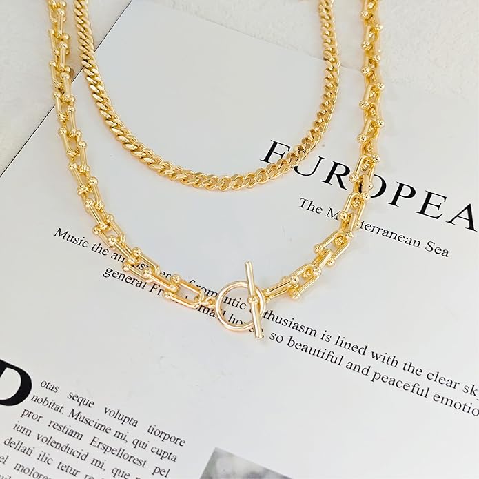 Gold Necklace for Women Layered 14k Plated Tendy Chunky Gold Necklace Cuban Link Choker Paperclip Chain Stackable OT Toggle Clasp Hypoallergenic Fashion Chunky Statement Jewelry Gifts for Women