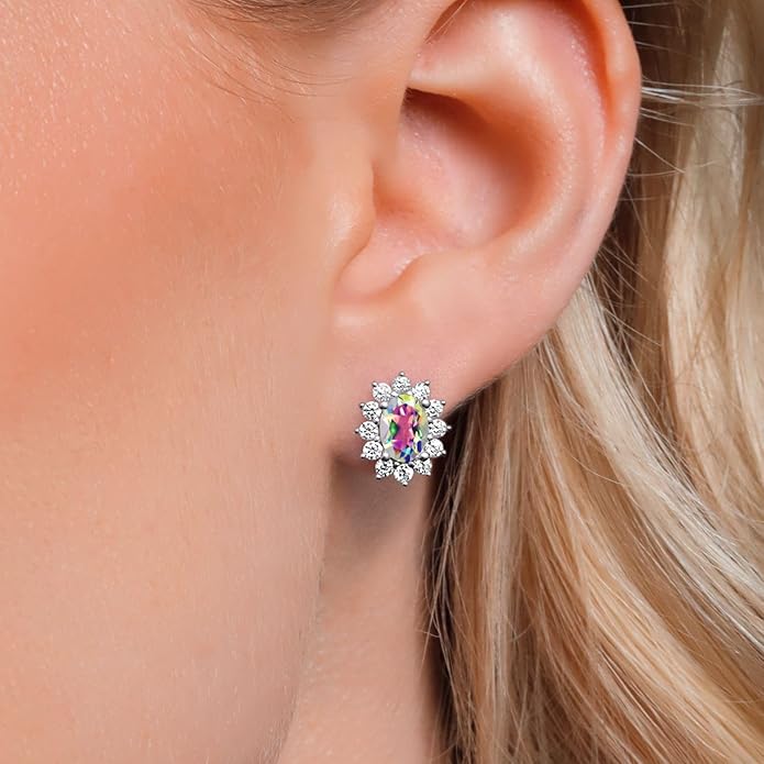 Gem Stone King 7X5MM Oval Gemstone Birthstone Stud Earrings For Women | Princess Diana Royal Halo Style | 925 Sterling Silver | Fine Jewelry Gifts for Anniversary Wedding Her Mom Women Wife