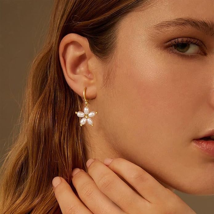 Gold Pearl Dangle Earrings for Women, 14K Gold Plated Small Pearl Drop Huggie Hoop Earrings, Hypoallergenic Dainty Gold Earrings Wedding Jewelry Gifts for Women Trendy