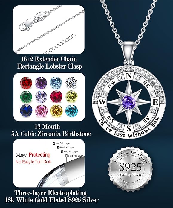 Compass Birthstone Necklace Gift for 2025 Graduation 925 Sterling Silver Compass ‘I'd be Lost Without You’ Pendant Necklaces Jewelry for Women Her Wife Gift for Birthday Anniversary
