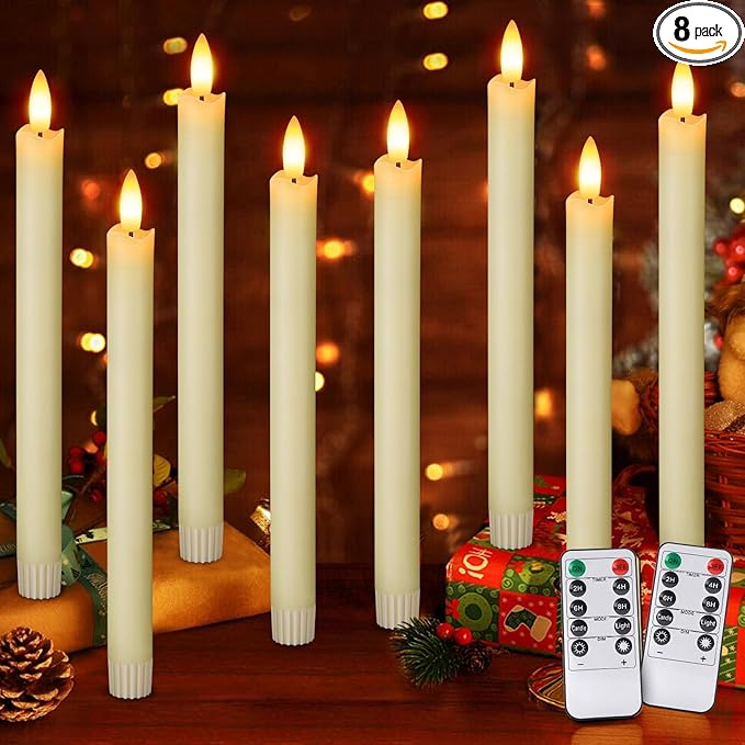 Flameless Candles with Remote: 8 Pack Battery Operated Window Candles 9.6" Real Wax LED Flickering Flameless Taper Candles 3D Wick Lights Halloween Christmas Wedding Birthday Party Decorations (Ivory)