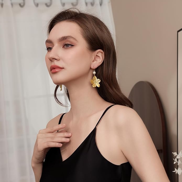 Gold Flower Statement Earrings for Women, Large Chunky Bohomian Summer Beach Floral Earring, Irregular Bold Exaggerated Earrings